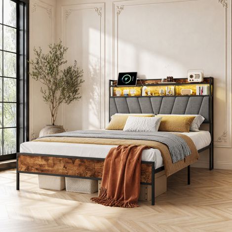 Lit double 140x200 cm adulte style rustique industriel, tête de lit rembourrée avec LED USB et rangement, structure métallique robuste, Marron et Noir (1/5)