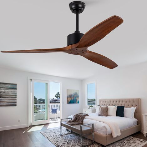 Ventilateur de Plafond 132 cm sans Lumière avec Télécommande, 3 Pales en Bois Massif, 6 Vitesses Réversibles, Mémoire, Intérieur (1/5)