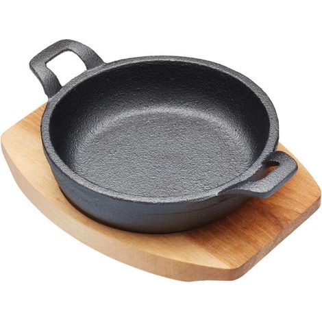 Casserole miniature en fonte avec planche de service en bois, poêle peu profonde allant au four, pour gratin, tapas, curry et viande, compatible avec une plaque à induction, ronde, noire (1/5)
