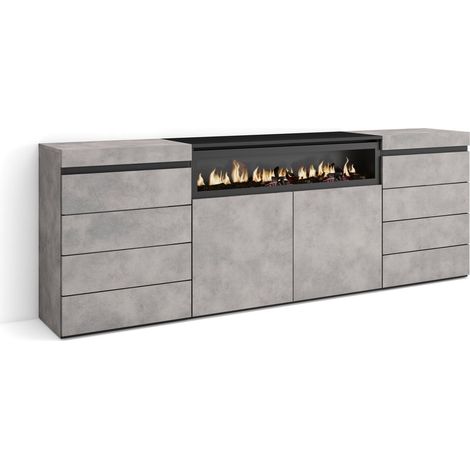 Skraut Home - Cómoda, Cajonera, Mueble Auxiliar, 214x75x35 cm, Dormitorio, habitación, Chimenea eléctrica, Estilo Moderno, Gris Cemento (1/5)