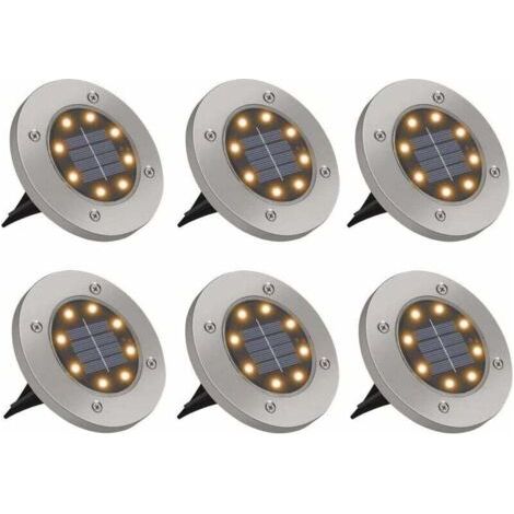 QORVA-Lumière Solaire Extérieure 6 Pack 8 LED Lampe Solaire Sol étanche IP65 Spot Solaire Extérieur Acier Inoxydable Lampe Solaire Jardin Lumière Blanche Chaude pour Cour Chemin Terrasse Pelouse-Fei Y