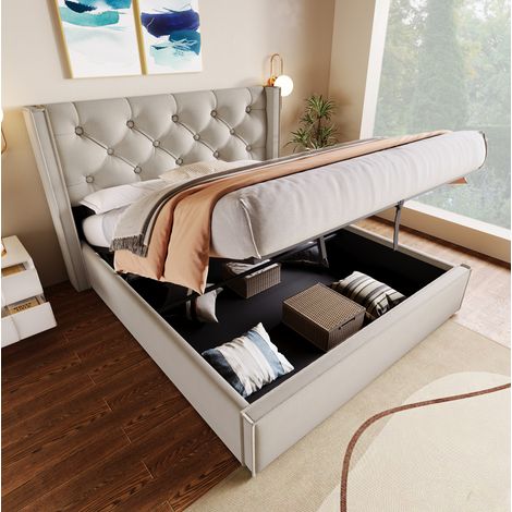 Cama de almacenamiento de algodón gris claro de 160x200 cm con base de láminas y cabecero tapizado. (1/5)