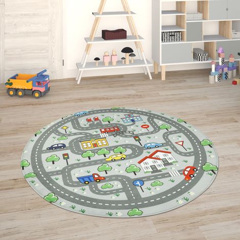 Paco Home Kinderteppich Teppich Kinderzimmer Spielmatte Straßenteppich Spielteppich Grau, 150 cm Rund