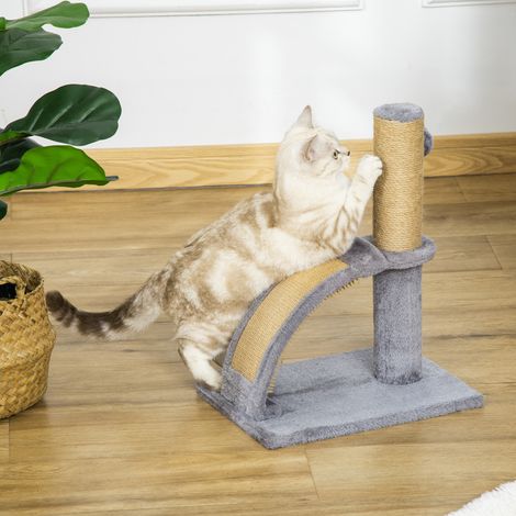 Griffoir pour chat, revêtement en jute, balle suspendue avec clochette, 34 x 24 x 43 cm (L x l x H), gris