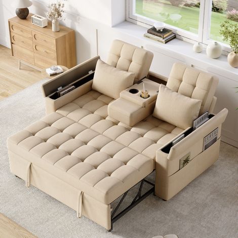 Sofá cama 159x142.5x92 cm beige en algodón y lino con respaldo ajustable y almacenamiento (1/5)