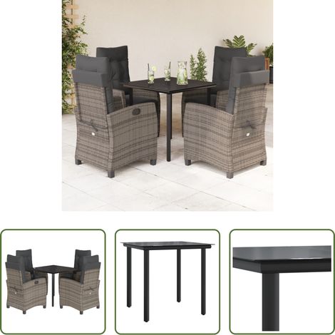 Gartentisch -  5-tlg. Garten-Essgruppe mit Kissen Grau Poly Rattan (1/5)