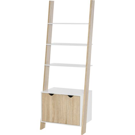 Bibliothèque échelle à 3 étagères et placard, style nordique, en bois, 60 x 40 x 171 cm, chêne et blanc (1/5)