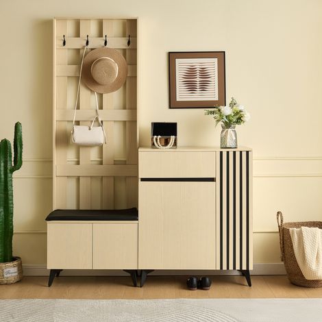 Flurmöbel Set Garderobe mit Sitzbank und Schuhschrank, verstellbare Böden, MDF, helle Holzmaserung (1/5)