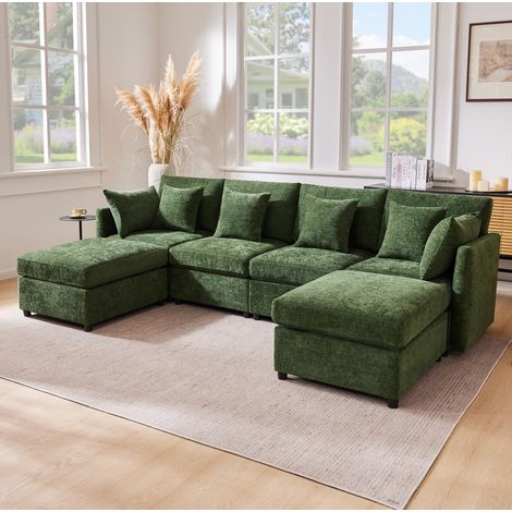 Canapé modulare in chenille verde 278x161x81 cm con 2 pouf e 6 cuscini, configurabile a L o U (1/5)