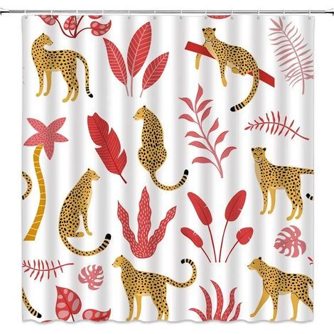 Cortina de ducha con estampado de guepardo bohemio, cortina de baño con estampado de leopardo tropical, cortina de baño moderna rosa con estampado floral azul y fases lunares, 240 x 180 cm - 94 x 70 p