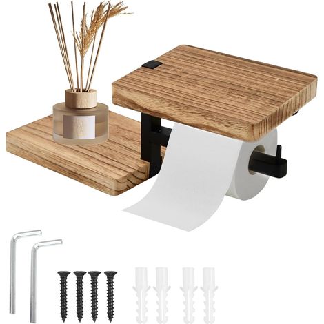 Porte Papier Toilette Mural en Bois de Bambou, Support Papier Toilette avec Plateau, Derouleur Papiers Murale en Bois, Porte Pq Etagere Salle de Bain Rangement (1/5)