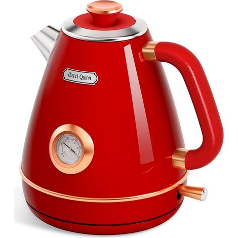 Bouilloire Électrique Rétro Inox, 2200 W, 1,7 L, Rouge Rubis Avec Thermomètre, Acier Inoxydable, Sans Plastique, Sans Fil, Arrêt Automatique, Sans BPA, Ébullition Rapide, Vintage Design (1/5)