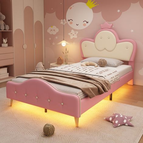 Lit Enfant 90x200cm Rembourré LED lit simple - Tête de Lit Couronne Rose & Blanc - Protection Souple et Pieds Métal (sans Matelas) (1/5)