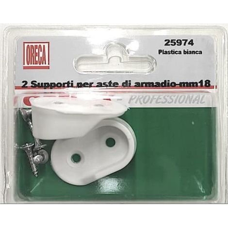 2 PEZZI - SUPPORTI PER ASTE DI ARMADIO IN PLASTICA BIANCA - Ø18MM CON VITI