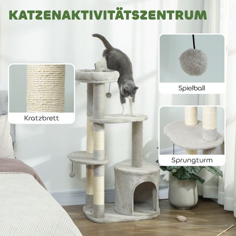 Arbre à chat 114 cm avec cachette, poteaux sisal, palier, étages multiples, pour chat moyen jusqu'à 6 kg, gris clair (1/4)