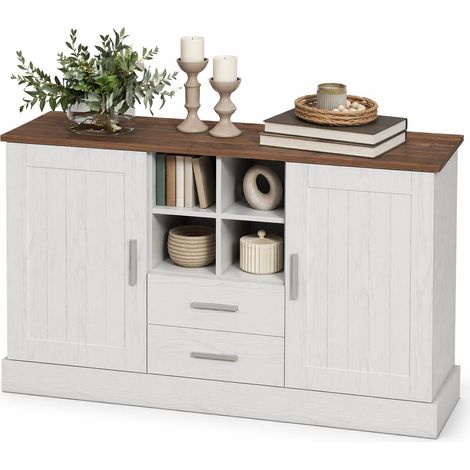 Buffet bas 2 portes, 2 tiroirs et 4 niches, panneau de particules, blanc et brun, 140 cm, pour salon et salle à manger, avec charnières soft-close  CHICFURN (1/5)