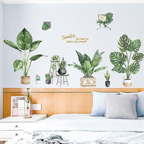 Stickers muraux plantes vertes en pot, autocollants muraux feuilles tropicales, papier peint amovible plantes vertes, fresque murale en vinyle feuilles de palmier Monstera (1/5)