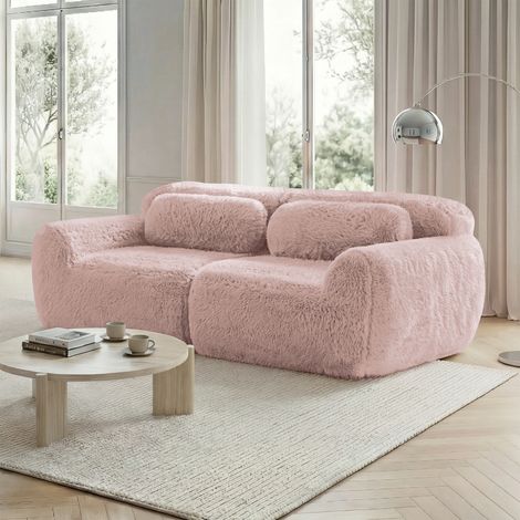 Modulares 2-Sitzer-Sofa aus langflorigem, rosafarbenem Plüsch, rahmenlos und kompakt zusammenklappbar, 32D-Elastikgurt, rutschfeste Unterseite, 204 x 104 x 73 cm