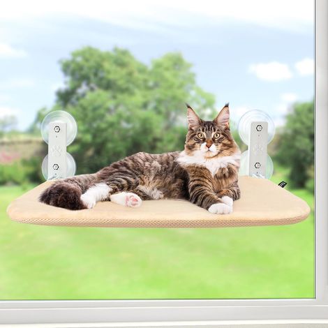 Hamac Chat Fenetre Ventouse Panier Perchoir Suspendu pour Petits Pliable Transat Ttagere Lit Support Fenêtre pour Interieur Grands Chats avec Tapis Réversible Lavable en Machine (Beige,M) (1/5)