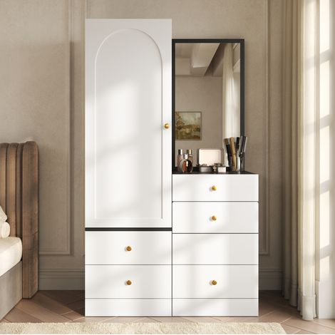 Coiffeuse noir et blanc avec armoire, miroir et tiroirs compartimentés, 90x50,5x160 cm (1/5)