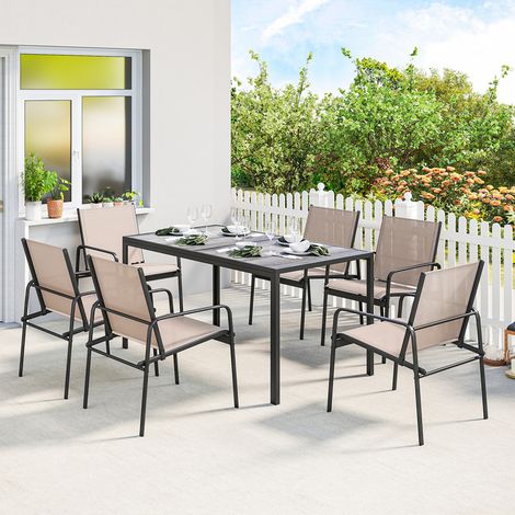 Salon de jardin extérieur 6 personnes,Ensemble table et chaises de jardin, avec table effet bois et 6 chaises aux assises respirantes,Pour terrasse ou patio (Kaki) (1/5)