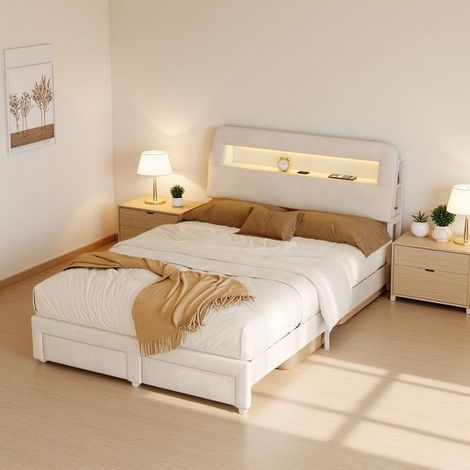 Lit 160x200 cm - TANANT - Modèle avec 2 tiroirs - USB+LED - Velours beige - Design moderne (1/5)