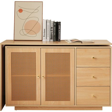 Bureau d'angle L modulable pivotant à 360° avec portes effet résine tressée, rangement 3 niches, MDF, blanc bois clair 126 cm pour bureau ou chambre – CHICFURN (1/5)
