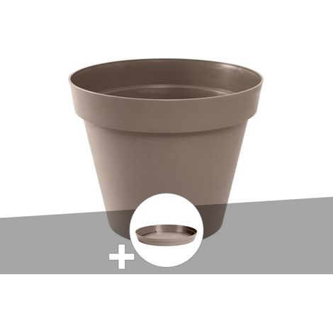 Pot de fleur rond Toscane Ø 60 x H.47 cm Taupe + Soucoupe - Eda