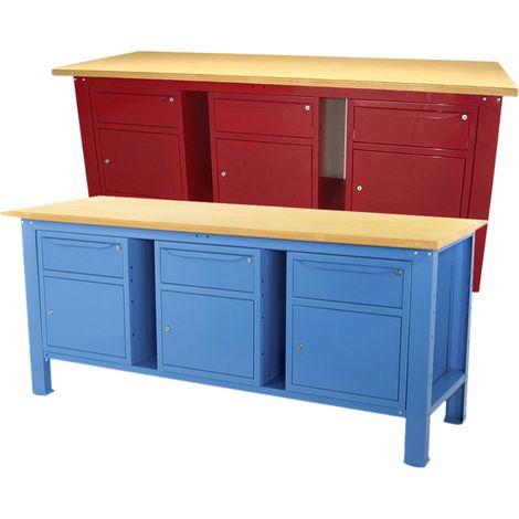 Banco da lavoro SOGI 2 metri con piano in legno + 3 armadi con anta e cassetto - blu/rosso, ColoreBlu (1/5)