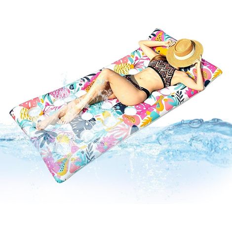 Lit de piscine gonflable à motif de feuilles tropicales avec appui-tête Fauteuil flottant gonflable en PVC pour toute la famille, hommes et enfants, bronzage, sports nautiques, vacances à la plage
