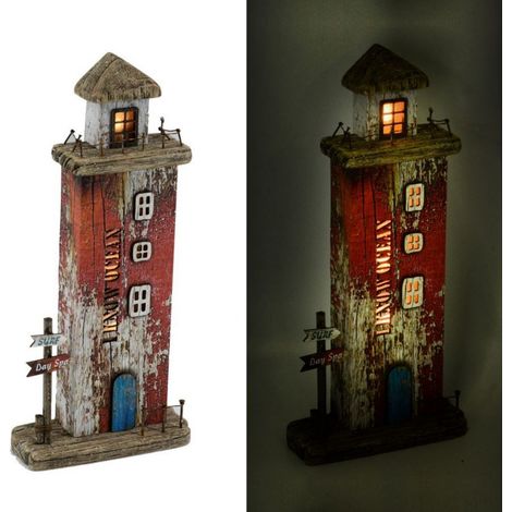 Decorazione mare Faro in legno rosso con LED cm 16x6,5x34h (1/3)