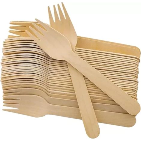 Lot de 100 Fourchettes en Bois - Couverts en Bois Jetables, Fourchettes Ustensile pour fête, Anniversaire, Camping, Pique-Nique 100 Pièces - 15,6cm, Naturel (1/4)