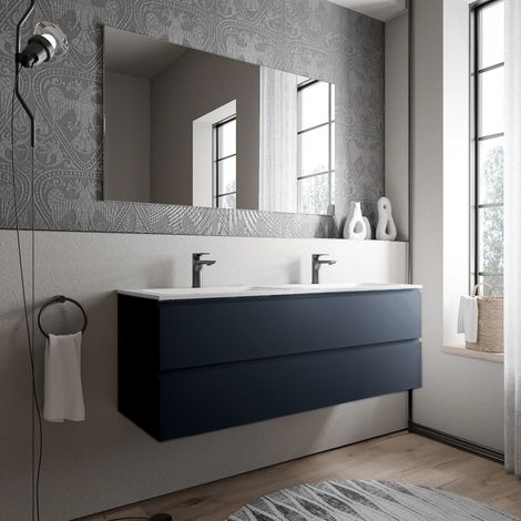 BERNSTEIN - Mueble lavabo doble suspendido MDF Azul oscuro mate, 2 senos fundición Blanco mate + orificios grifería 140x46x50cm - AVA BRUSSELS Blanco mate con orificio para grifo., Azul medianoche mat