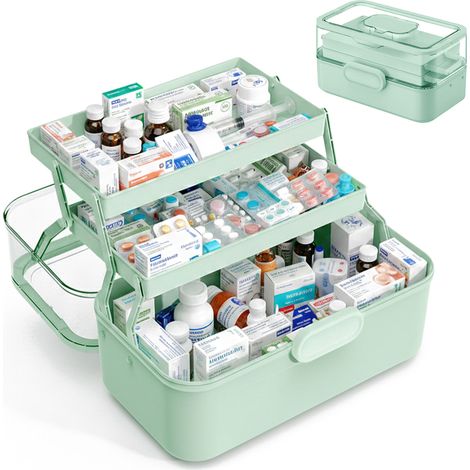 Relaxdays Scatola per medicinali, 3 livelli, scomparto pillole, apribile, plastica, 17 x 28,5 x 15,5 cm, verde