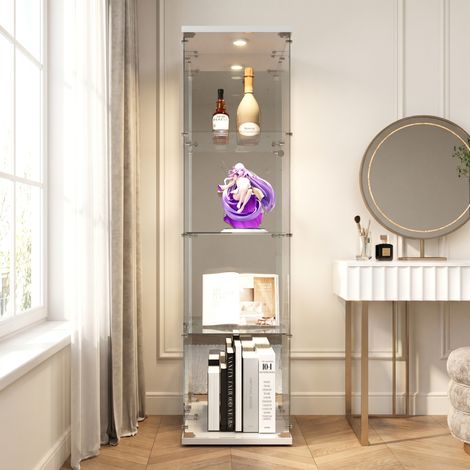 Vitrine en Verre 4 niveaux avec Éclairage LED, Dimensions 42.5x36.5x164 cm, Portes simple avec serrure, armoire de présentation pour figurines, collection et spiritueux