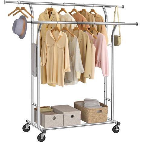 Portant à vêtements, Penderie métallique, Charge Max,110 kg, Double Barres Extensibles, Hauteur réglable, Mobile, avec roulettes, Mètal chromé,Argenté