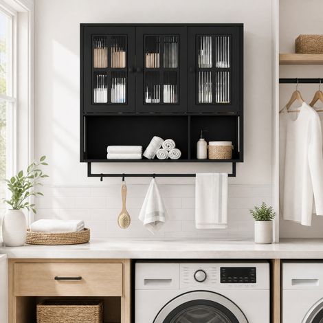 Armoire murale 88x26x82,5 cm en bois noir, avec rangement pour salle de bain FloraGrace (1/5)