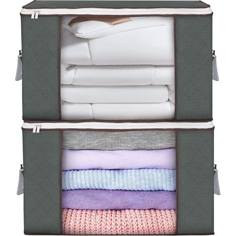 Große Aufbewahrungstaschen, 2er-Pack faltbare Kleiderschrankboxen, robuste Griffe, dickes Material, geeignet für Decken, Steppdecken und Bettwäsche, 90 Liter – grau (1/5)