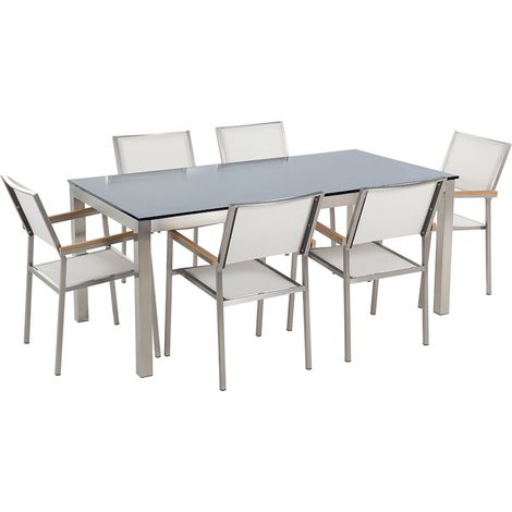 Conjunto de comedor de jardín blanco con mesa 180 x 90 cm de vidrio negro 6 sillas Grosseto (1/5)