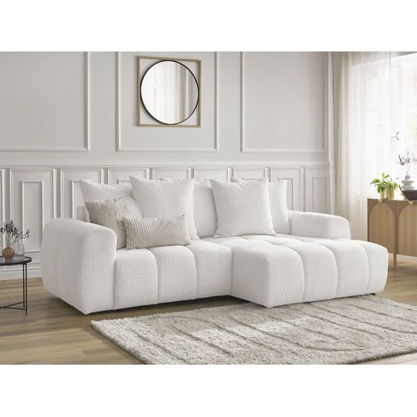 BOBOCHIC - Canapé d'angle convertible coffre ROXELANE tissu bouclette Angle droit  Blanc (1/5)