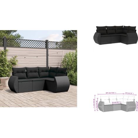 The Living Store Salon de jardin 4 pcs avec coussins noir résine tressée - Meubles extérieurs (1/3)