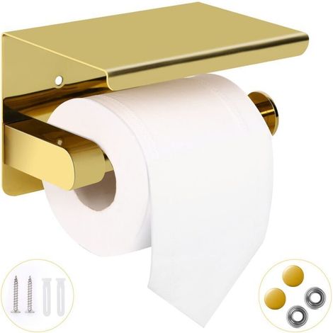 Porta Carta Igienica con Mensola - Porta Rotolo di Carta Igienica in Acciaio Inox da Fissare al Muro per Bagno (Oro) (1/4)