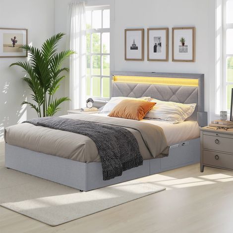 Lit Double, avec LED, en Métal, 4 Tiroirs, Multiprise, Tête de Lit Rembourrée Ajustable, pas Besoin de Sommier, Gris et Noir (1/5)