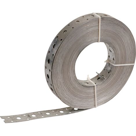 Bande perforée galvanisé 25 mm – Longueur 25 m – Trou central Ø 8 mm – Trous latéraux Ø 4 mm pour fixation solide – Sélection Cazabox