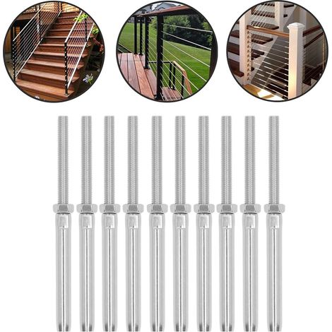 10 tiges droites en acier inoxydable avec connecteur à vis et connecteur pour câble métallique M10/5 mm (1/5)