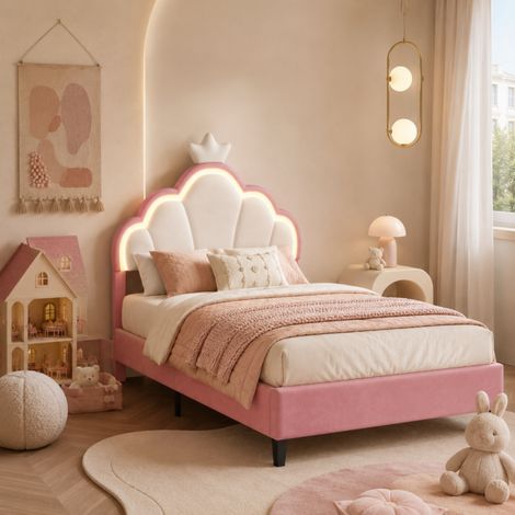 Lit Filles rembourré,lit princesse enfant 90x200 Lit simple,Cadre de lit d'Enfant et d'Ado avec LED, tête de lit Couronne et réglable en Hauteur,Rose (1/5)