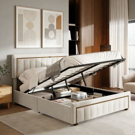 lit coffre 140x190cm, lit double 140x190 avec sommier, avec levier hydraulique, Sommier à Lattes, Beige, velours (1/5)