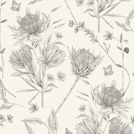 Papier peint intissé sur fond blanc cassé Tapisserie à fleurs noires avec papillons Papier peint nature cottage idéal pour chambre (1/4)