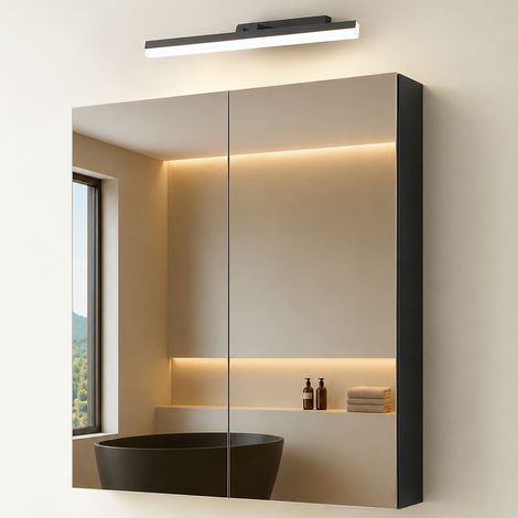 Mai & Mai Armoire Suspendue de Salle de Bain avec Miroir et Lampe LED 180° Rotative 40cm Noir 2 Portes Armoire Miroir Murale Éclairage et Étagère 60x15x70 cm Gris Noir Mat SpiegelSR-02