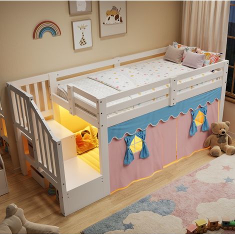Lit mi-hauteur enfant 90x200 cm en bois et MDF avec rideaux occultants et LED blanche (1/5)